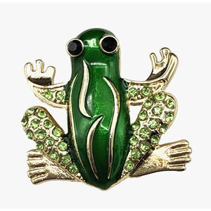 Vintage Frog Brooch Green Enamel Rhinestone Gold Tone Tree Frog